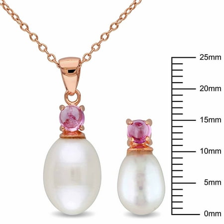 7.5-8mm White Freshwater Pearl and 1-1/10 Carat T.G.W. Pink Tourmaline Pink Rhodium-Plated Sterling Silver Pendant and Earrings Set, 18