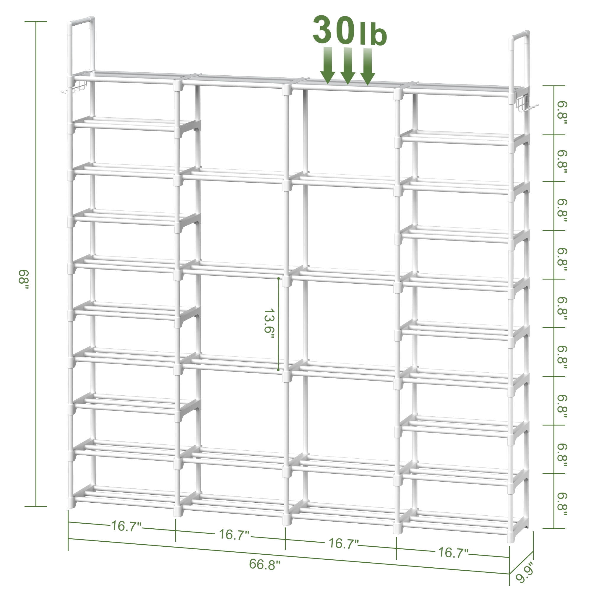 BGTREND 10-Tier Shoe Rack 4-Row Large Metal Shoe Storage Organizer 65-70 Pairs for Garage Entryway Closet (68 inches, White)