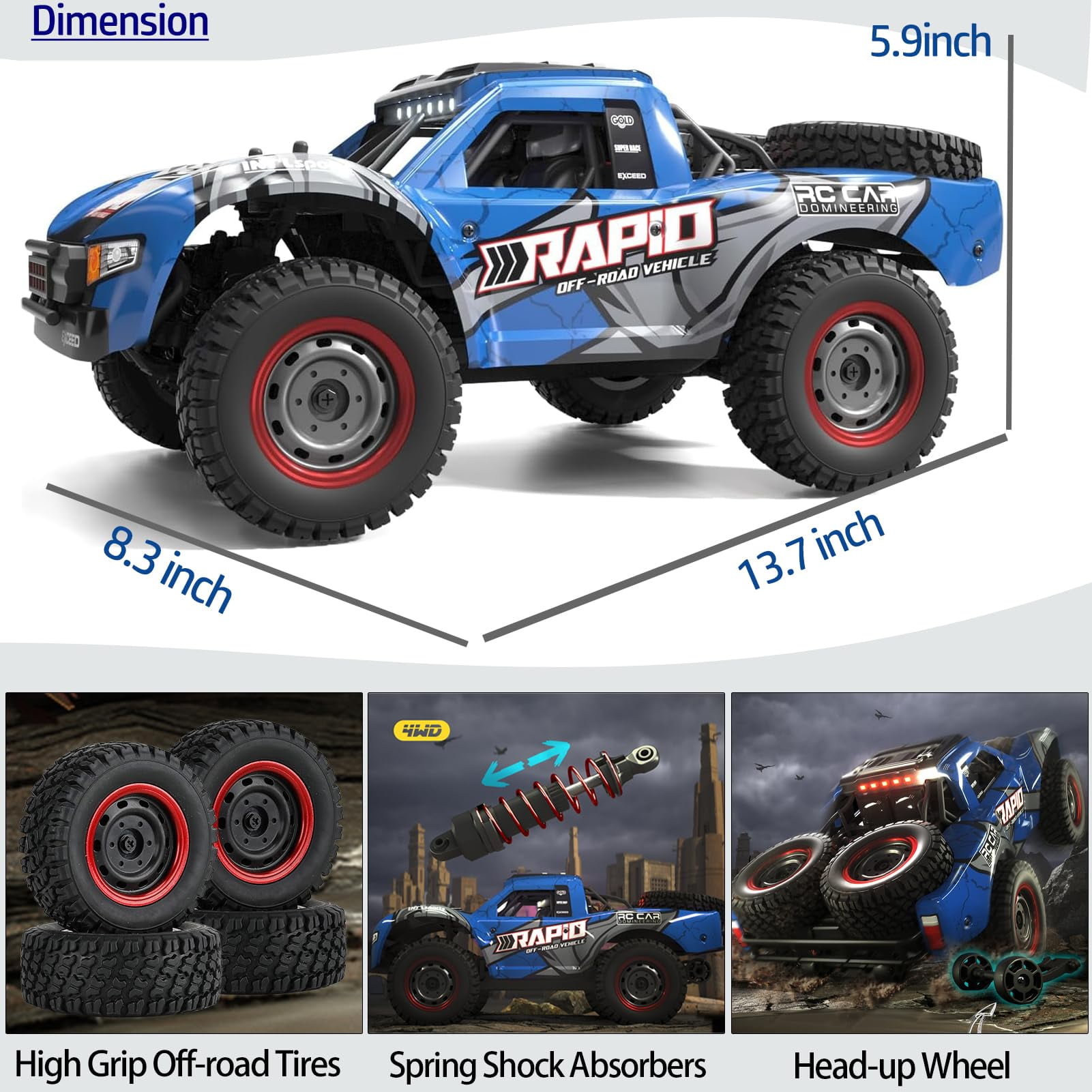 Q130 1:14 RC Truck 30 MPH 4WD All Terrain Trophy Car for Adults Teens, 50 Mins Play Fast Off-Road Buggy with 2 Batteries