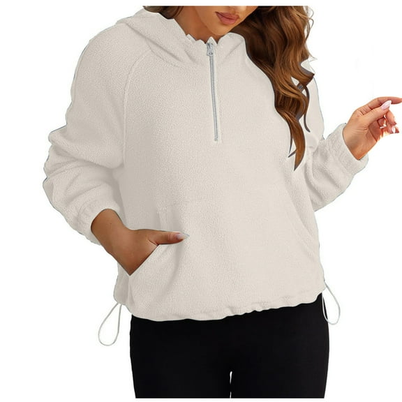 Ashirexll Hoodies for Women, Half Zipper Sweatshirts Long Sleeve Cropped Hoodie Winter Warm Pullover Tops with Pockets Beige L