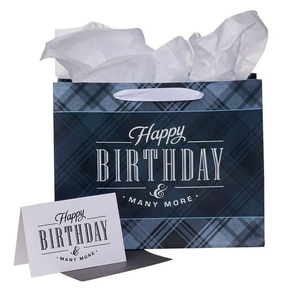 Christian Art Gifts Large Happy Birthday Gift Bag with Card and Tissue Paper, Charcoal Black Plaid