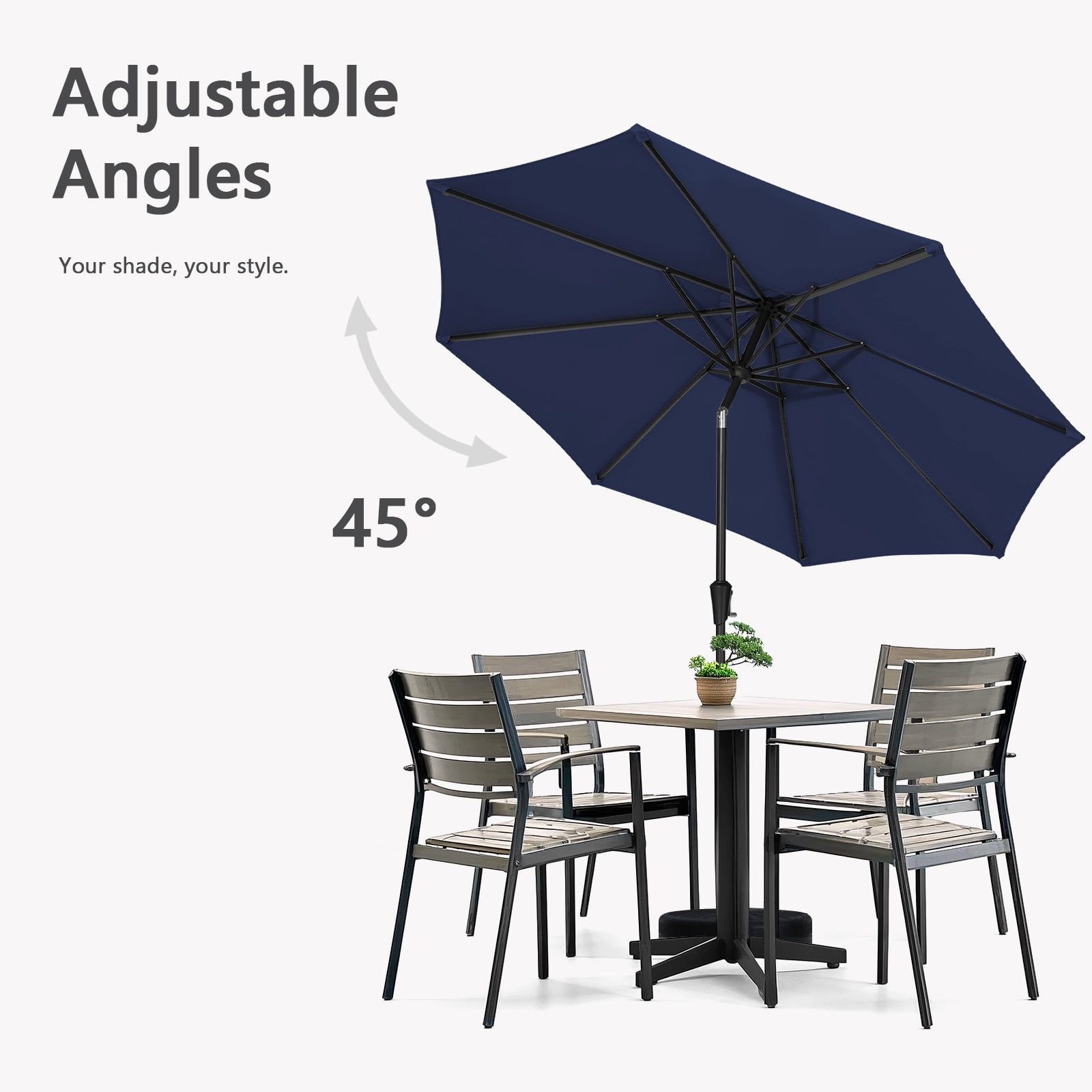 FUNDAZE 9FT Outdoor Market Patio Umbrella with Push Button Tilt & Crank Lift, UV-Resistant Canopy for Garden, Backyard, Pool&Patio Dining, Navy BLue