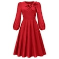 thumbnail image 6 of LSOLMD Women's Elegant Bow Tie Crew Neck Puff Long Sleeve A-Line Swing Midi Dress, 6 of 9