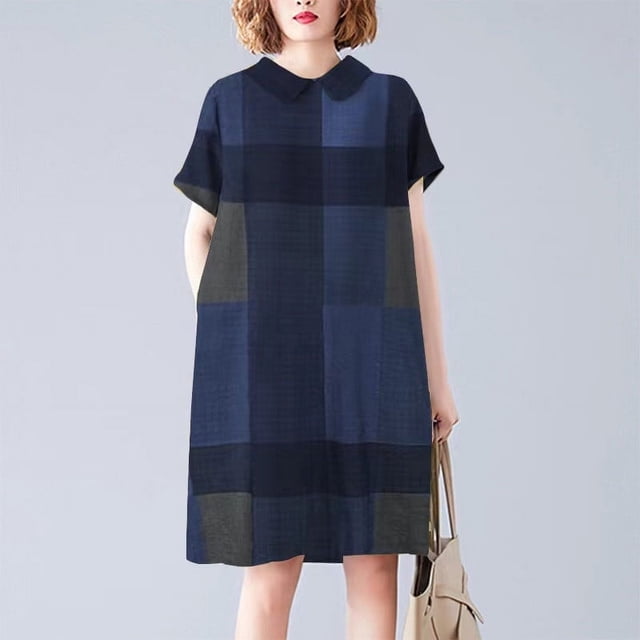Pisexur Robe à Manches Courtes à Col Rond Robe d'Été pour Femme Mode Décontractée Col Rabattu Manches Courtes Robe Trapèze Jupe Robe Femme Robe