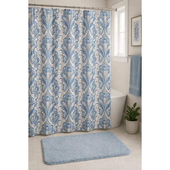 Serafina Home Paisley Floral Blue, Pink And Gray Fabric Shower Curtain for Bathroom: Elegant Damask