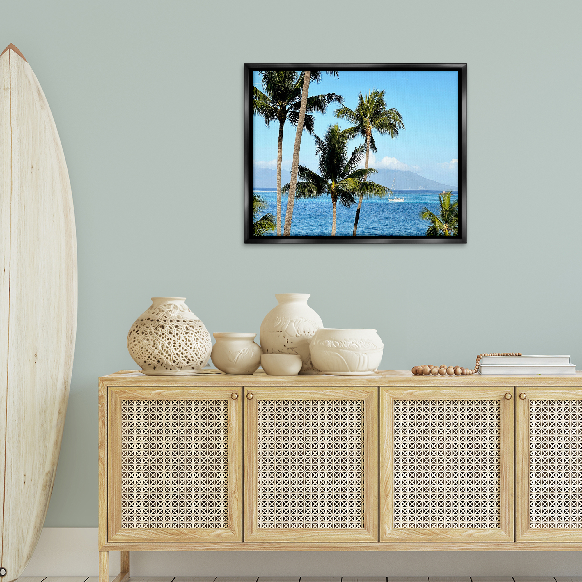 Stupell Industries Palm Trees & Sailboat Landscape Photography Black Floater Framed Canvas Art Print Wall Art, 31 x 25