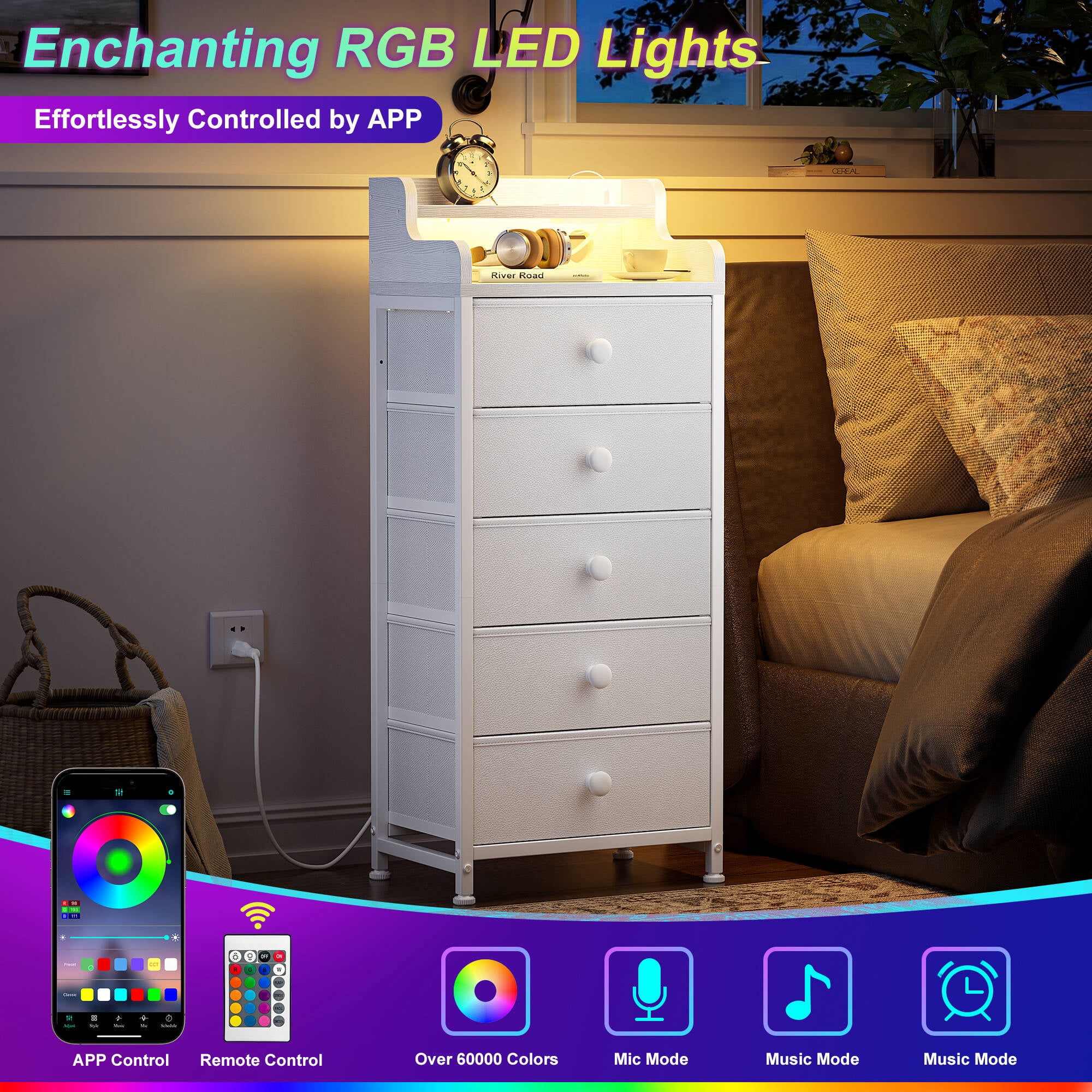 GUNAITO Led Dresser for Bedroom with 5 Drawers Tall Narrow Chest of Drawers Fabric Storage Dresser for Adults,White