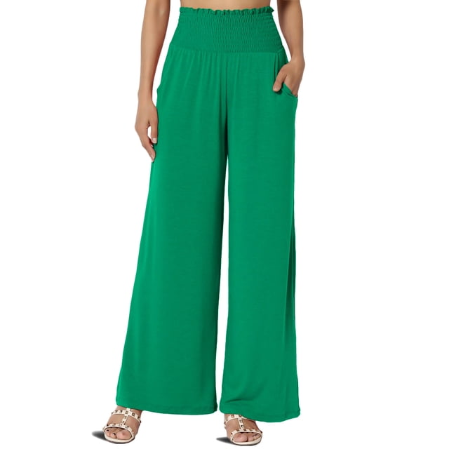 TheMogan Women's S~3X High Rise Smocked Elastic Waist Pull On Wide Leg Lounge Pants