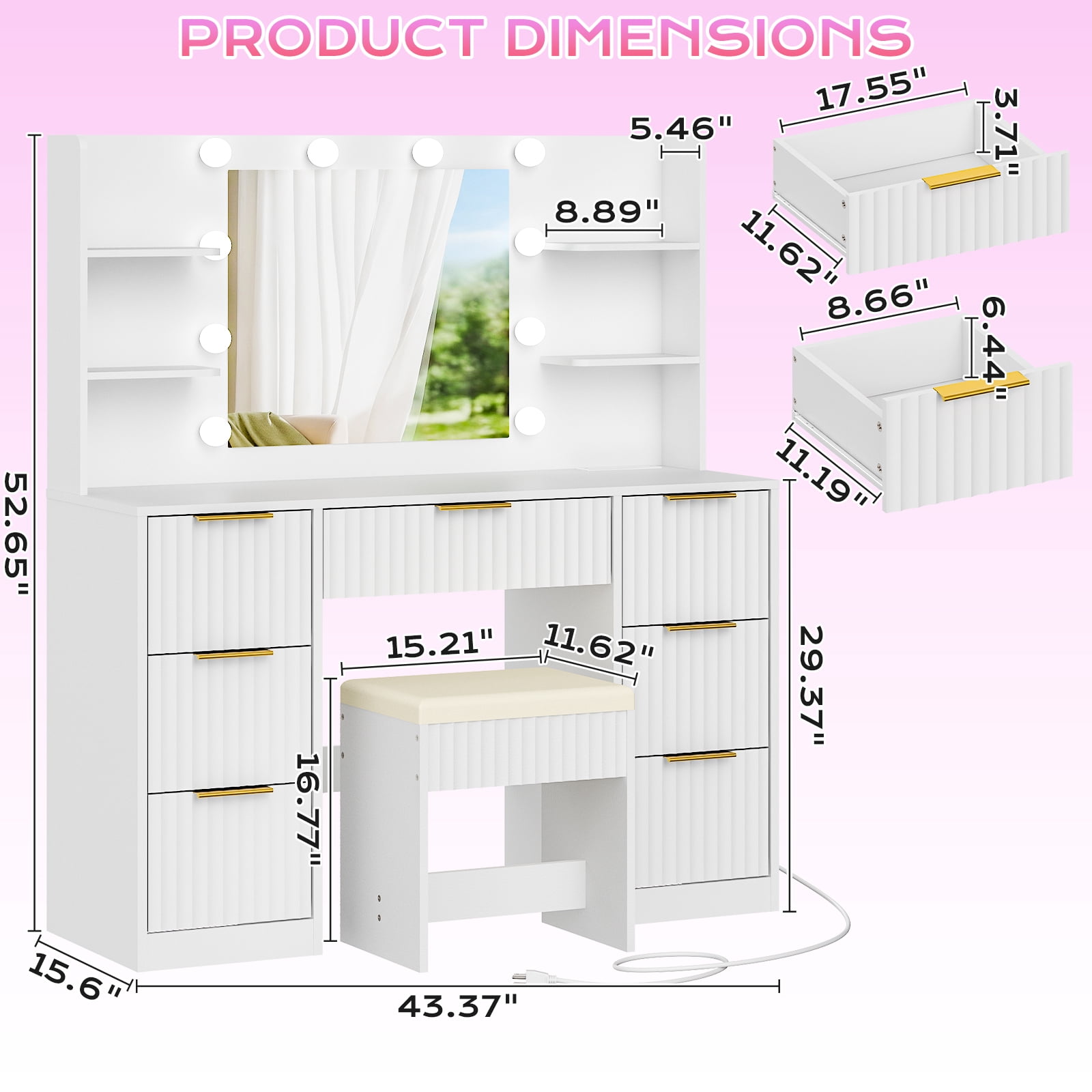Ktaxon Get Ready with Me GRWM Makeup Vanity Set with 3 Color Lighted Mirror & Charging Station, Dressing Table w/ 7 Drawers for Femal Gift, White