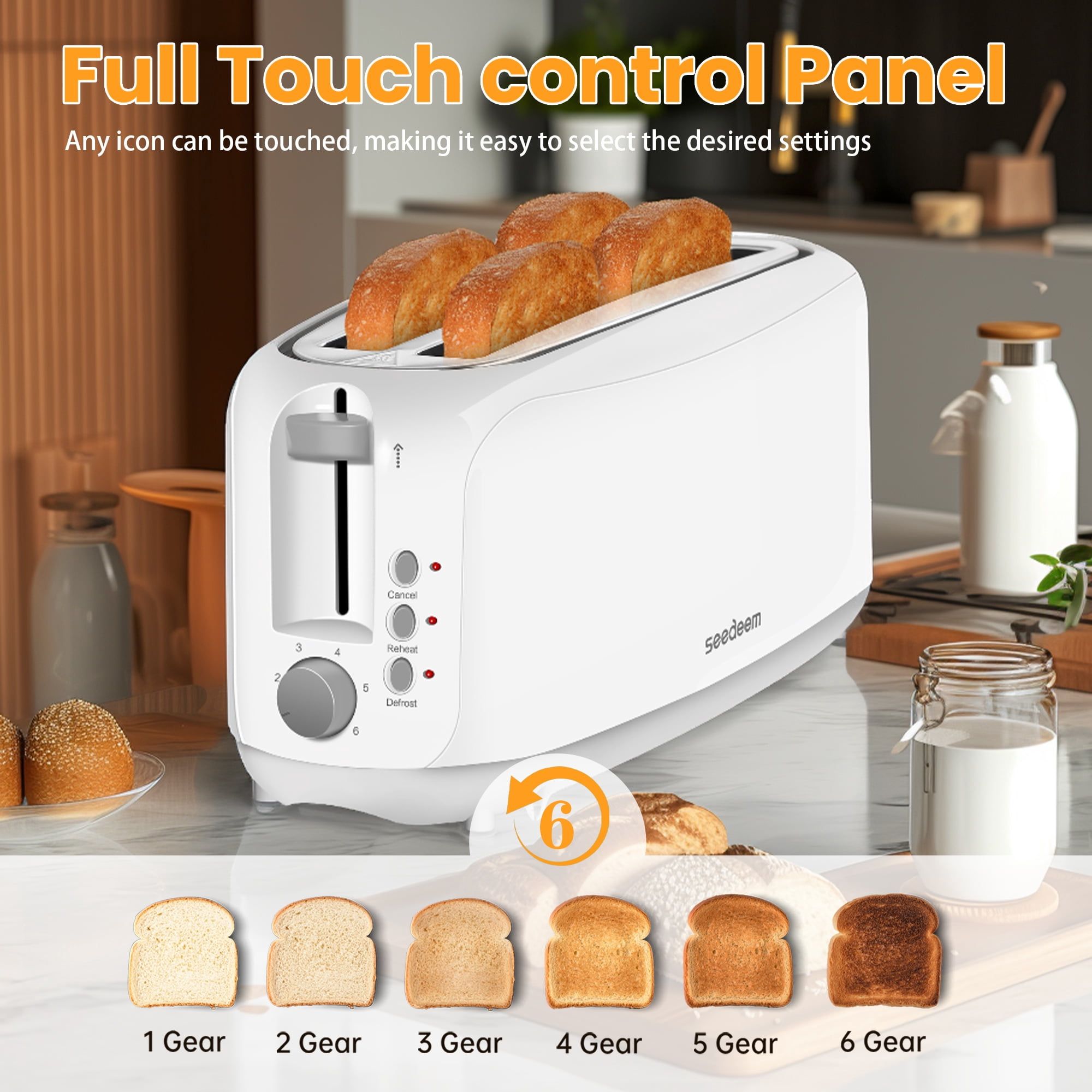 【Ultra-Slim Space-Saving】4-Slice Long Slot Toaster, Dual 10-Inch Slots, 6 Shade Settings with Cancel/Reheat/Defrost, Removable Crumb Tray, Easy to Store Vertically