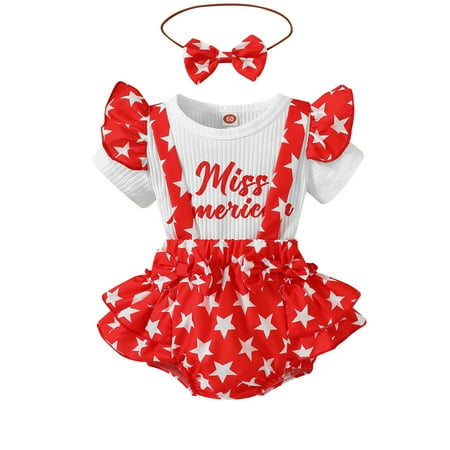 

4th of July Newborn Baby Girl Clothes Short Sleeve Romper Tops Suspender Short Pants Sets Independence Day Outfits