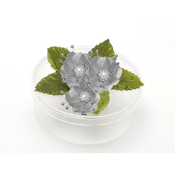 3 Clear Round Cookie Nut Candy Boxes w/ Pearl Satin Organza Flower - Silver • Container material is Plastic • Clear round cookie nut candy boxes are 4.5" diameter 1.5 inches deep