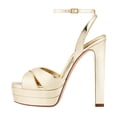 thumbnail image 2 of FSJ Women Peep Toe Platform Sandals Ankle Strap Chunky Block High Heel Buckled Classic Bridal Cocktail Shoes Size 6.5 Gold, 2 of 4