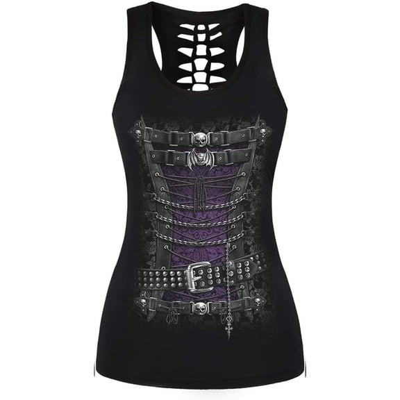 DHFJKG Womens Loose Fit Tank Tops Gothic Skull Print Hallow Out Summer Sleeveless Crew Neck Graphic Tee Stylish Top