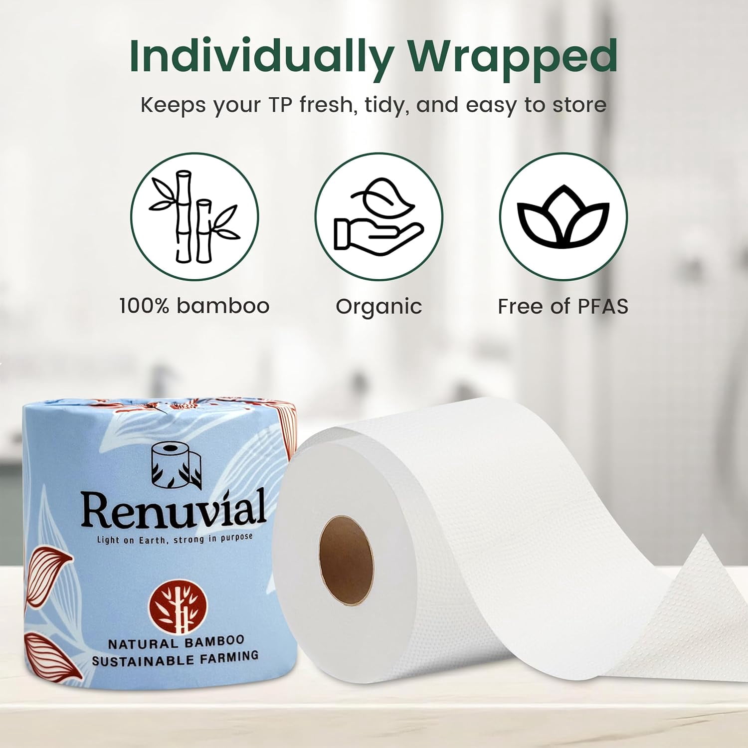 Bamboo Toilet Paper, Ultra-Soft & Strong, 3-Ply & 300 Sheets, Septic Safe, 12 Rolls, 100% Natural Bamboo, Non Toxic Toilet Paper, Sustainable, Biodegradable, Plastic-Free Packaging