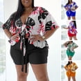 thumbnail image 4 of Conjunto de pantalones cortos de camisa de verano para mujer, estampado floral, blusa atado bohemio, Abanopi Negro/Extragrande, 4 of 7