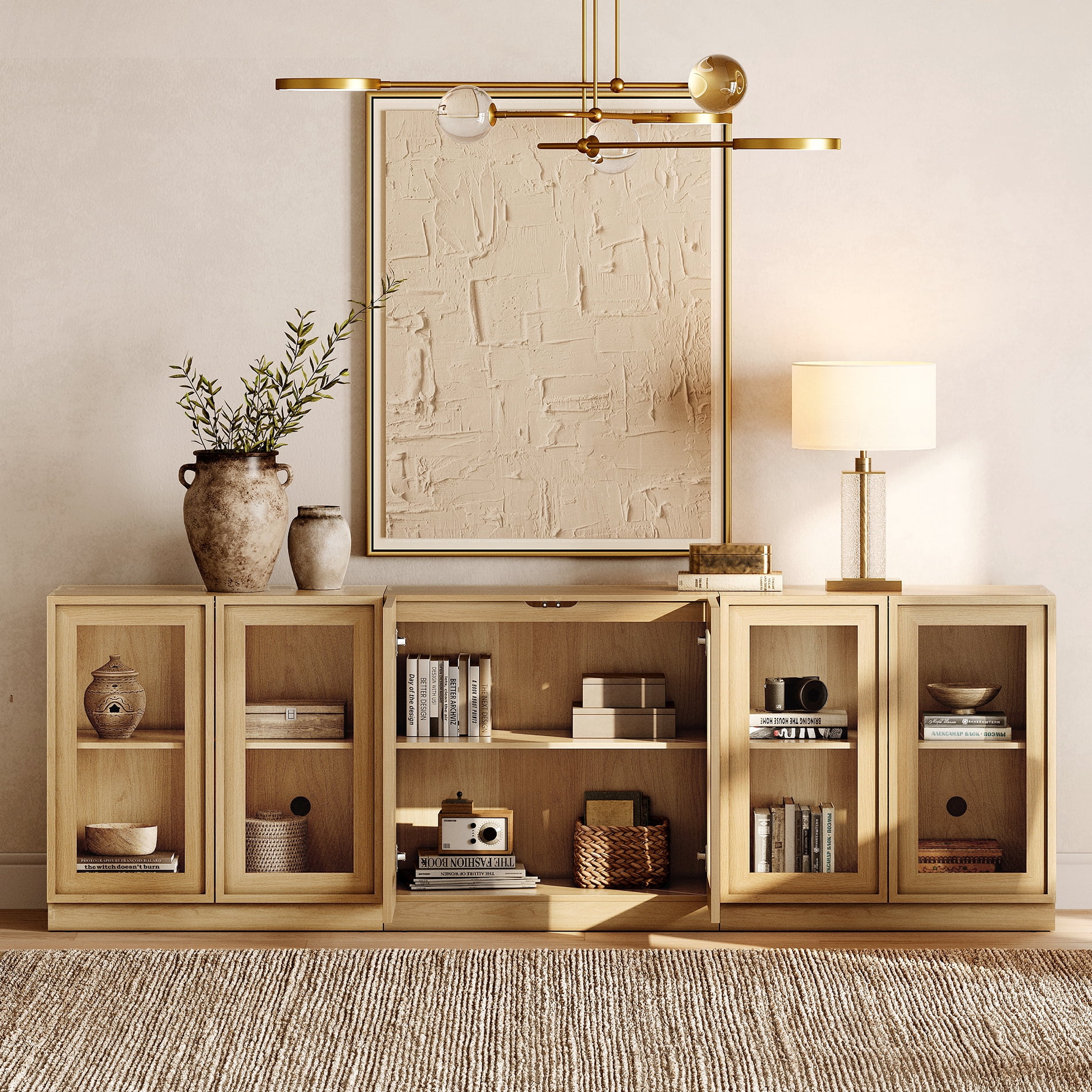 94.5" Modern Sideboard Buffet Cabinet with 6 Glass Doors, Multifunctional Sideboard with Large Storage and Adjustable Shelf, Oak