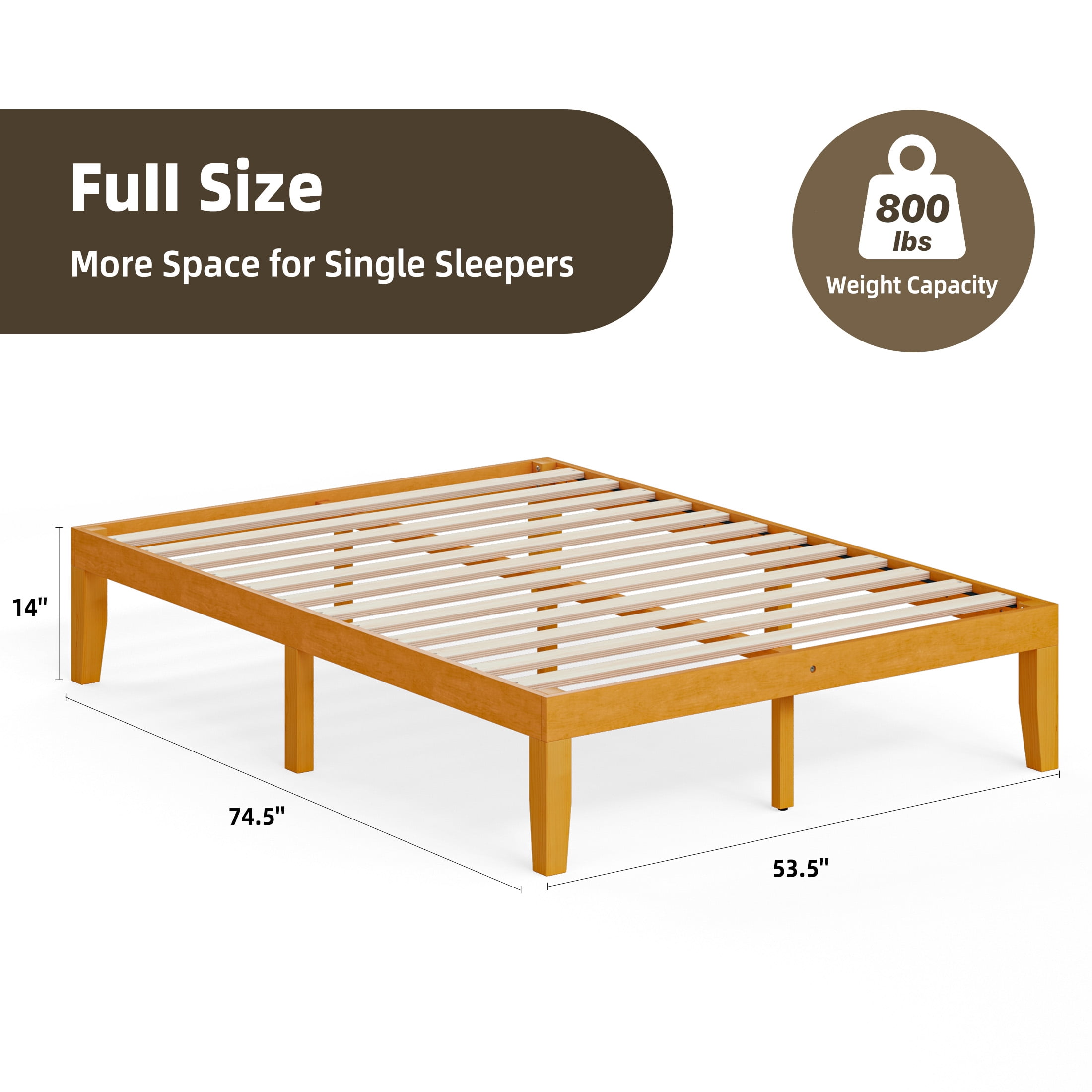 Gianna Full Size Wood Platform Bed Frames 14 Inch No Box Spring Need, 500 LBS Capacity, Noiseless, Honey Finish