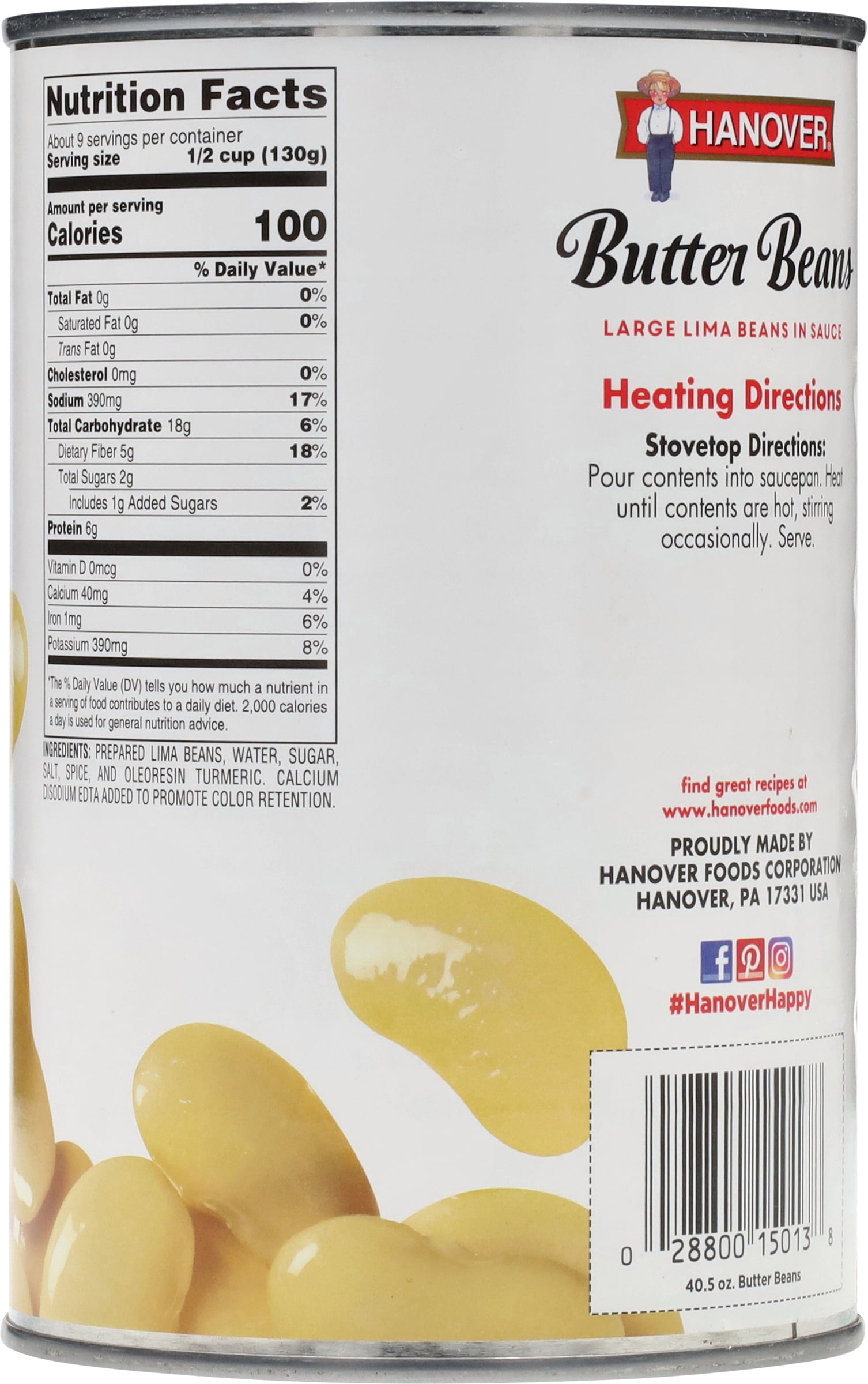 Hanover Butter Beans Large Lima Beans in Sauce, 40.5 oz Can – Family-Size Heat-and-Serve Side