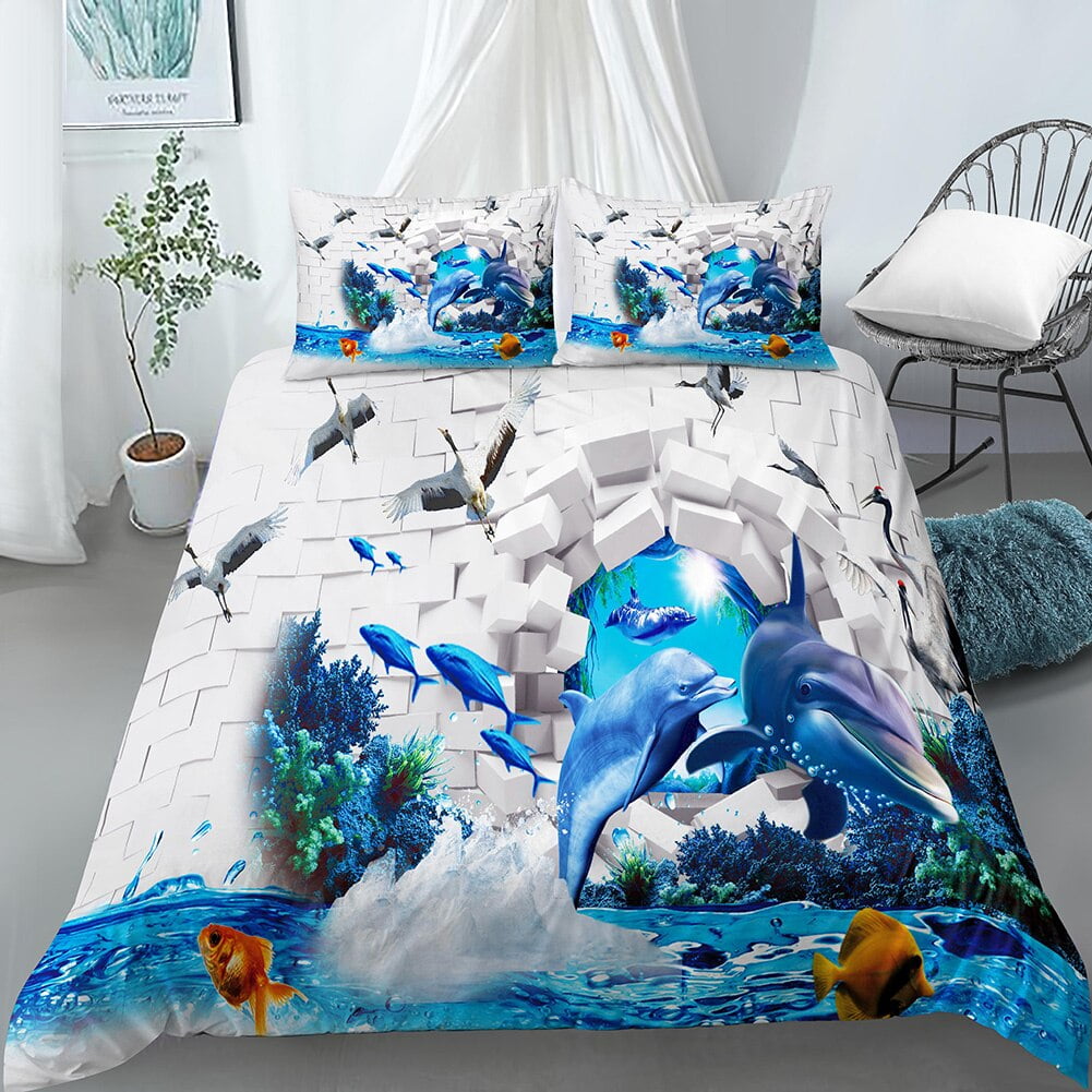 Seaworld Theme Duvet Cover Sea Turtle Gray Dolphin Printed Ocean Blue ...