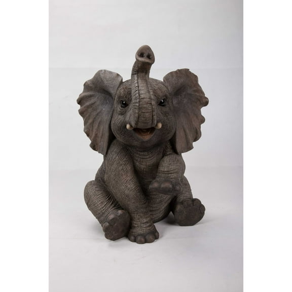 Hi-Line Gifts Baby Elephant Sitting with Trunk Up Outdoor Garden Statue - 15.5"