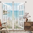 thumbnail image 3 of Ocean Beach Coastal Curtains Teal Blue Hawaiian Sea Floral Scenery Rustic Wildflower Plant Rod Pocket White Wooden Window Seascape Bedroom Living Room Treatment Fabric 2 Panels 52Wx84H Inch, 3 of 6
