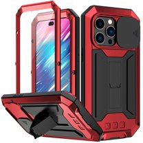 Dteck case for iPhone 14 Pro Max,Shockproof Metal Case Slide Camera Len Cover Built-in Screen Protector Kickstand Heavy Duty Military Drop Protective Case,Red