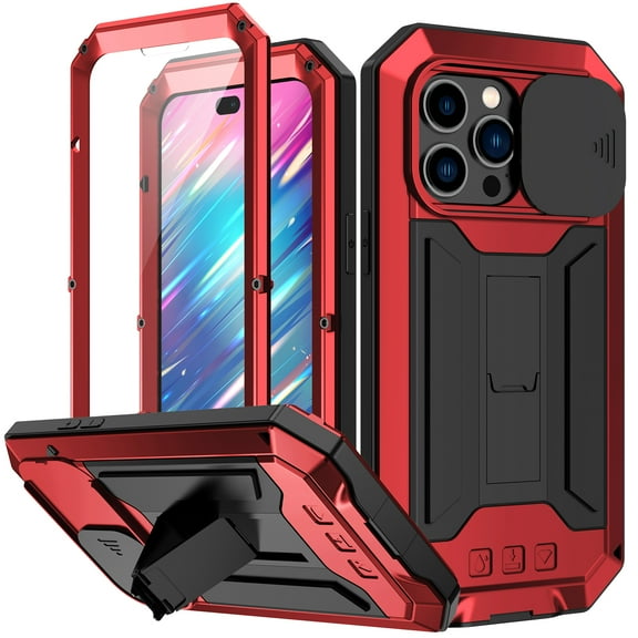 ELEHOLD for iPhone 14 Pro Heavy Duty Case, Metal Frame Triple-Layer Armor Military Grade Shockproof Kickstand Screen Protector Camera Lens Sliding Anti-Scratch Rugged Case,Red