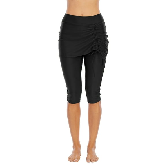 Women's Swim Capris with Side-Tie Skirt UV Protection Athletic Running Swimming Skirted Leggings, Black, XS