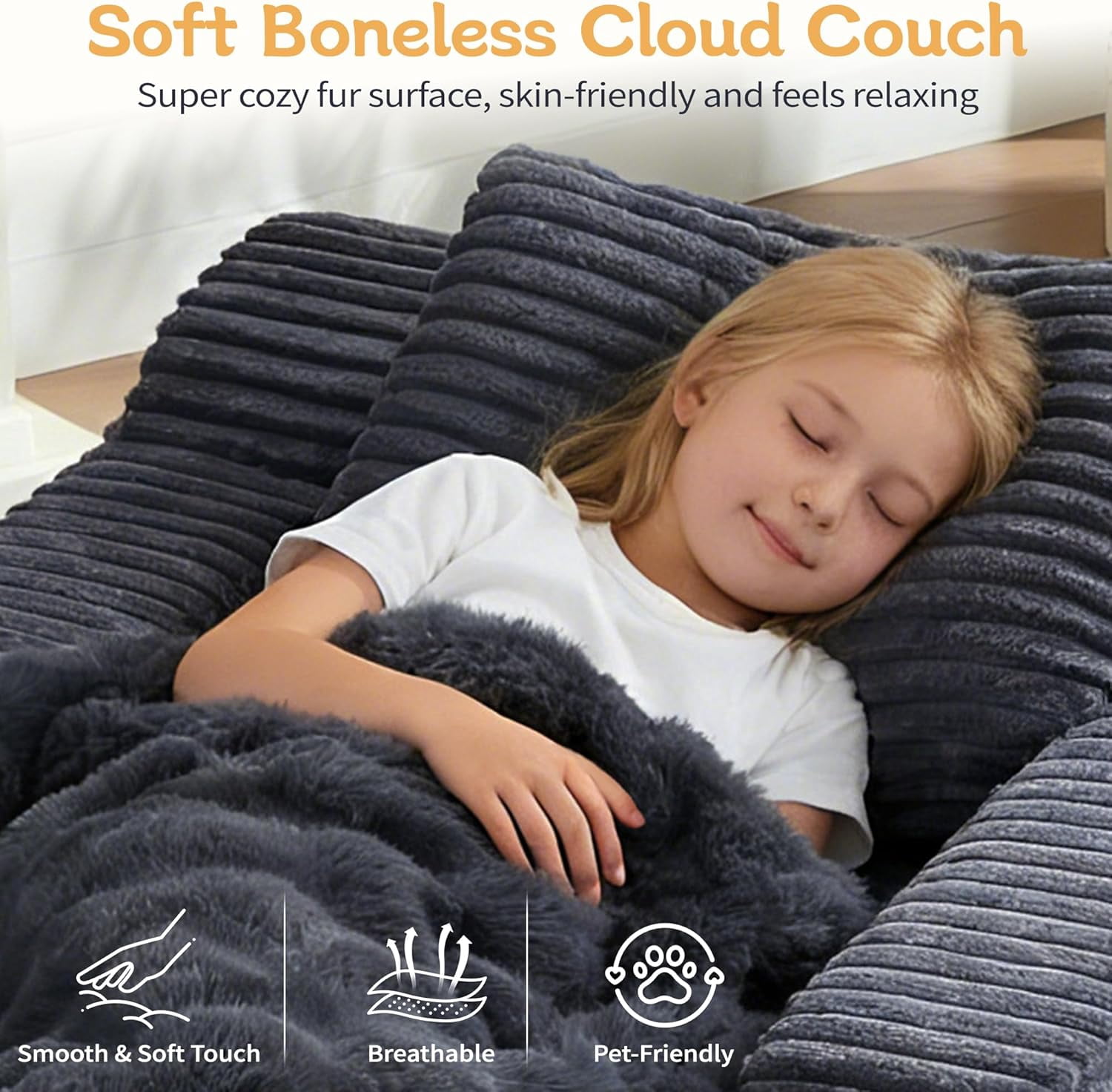 Akaber 31″W Sleeper Couch, Chaise Lounge Chair Indoor, Soft Corduroy Boneless Reading Chairs for Living Room, Bedroom, Movie Room (Grey, Small)
