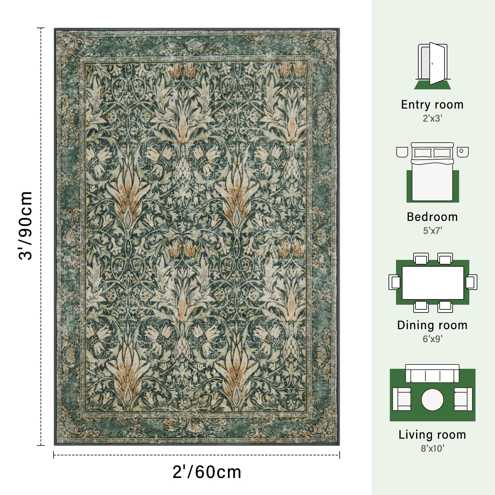 2x3 Indoor Entryway Rug, Small Washable Area Rug Non-Slip Floral Door Mat Entrance, Boho Low Pile Floor Carpet for Door, Entrance, Farmhouse,Bathroom, Bedroom, Kitchen
