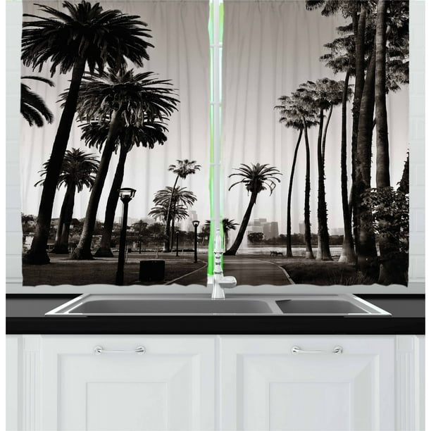 Palm Tree Kitchen Curtains, Los Angles Downtown Park View Tropical Nature California American Landmark, Two Panels Drapes with Rod Pocket Room Decor, ...