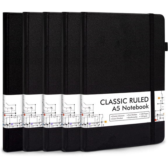 5 Pack Journal Notebook Bulk, Feela Hardcover Business Notebooks Classic Ruled Lined Journals with Pen Holder for Work Note Taking, with 5 Black Pens, 120 GSM, 5.1”x8.3”, A5, Black