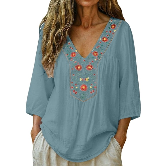 Embroidered Tops for Women 3/4 Sleeve Boho Cotton Linen Shirts Plus Size Peasant Gauze Blouses Casual Bohemian Shirts (L,Light Blue)