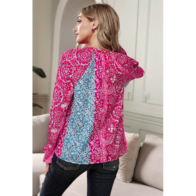 ABPHQTO Blusa de mujer con cuello dividido y estampado de rosas