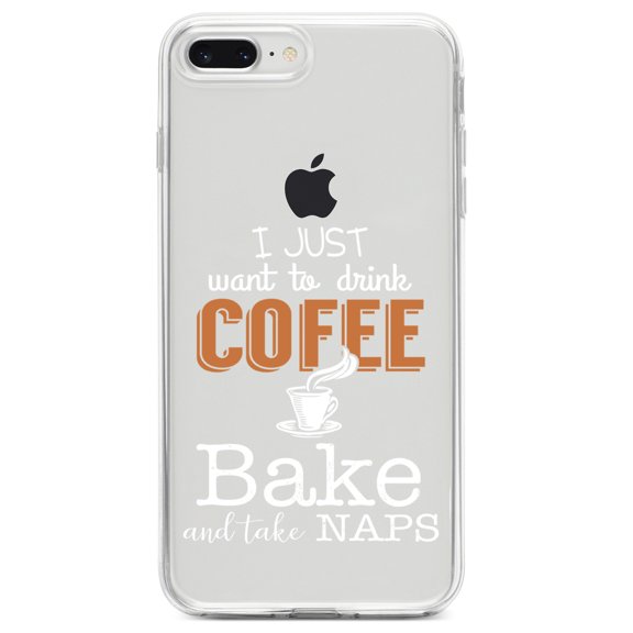 DistinctInk Clear Shockproof Hybrid Case for iPhone 7 PLUS / 8 PLUS (5.5" Screen) TPU Bumper Acrylic Back Tempered Glass Screen Protector - Just Want to Drink Coffee Bake Take Naps