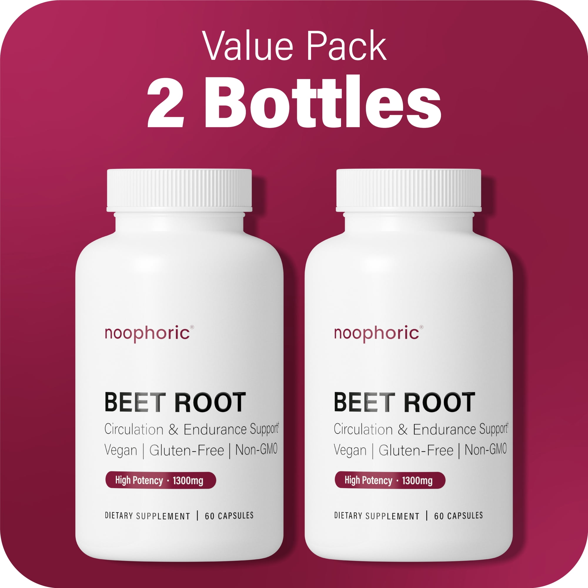 Noophoric Beet Root Capsules with 1300mg Organic Beetroot Powder for Blood Pressure, Heart Health, Circulation & Nitric Oxide Support, Stamina & Endurance, 120 Capsules (2 Pack)