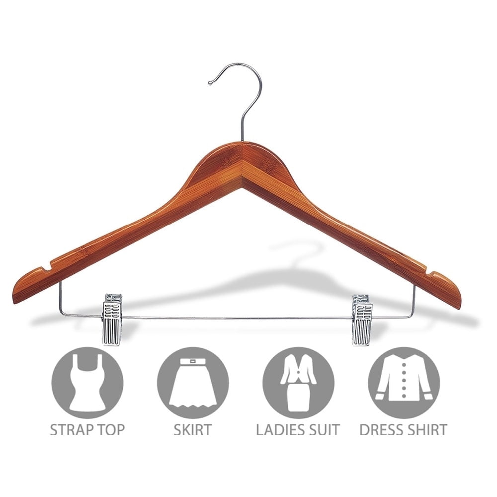 International Hanger Bamboo Combo Clothing Hanger 17 Inch Flat Wooden Eco-Friendly Lacquer Finish Chrome Swivel Hook, (24 pack)