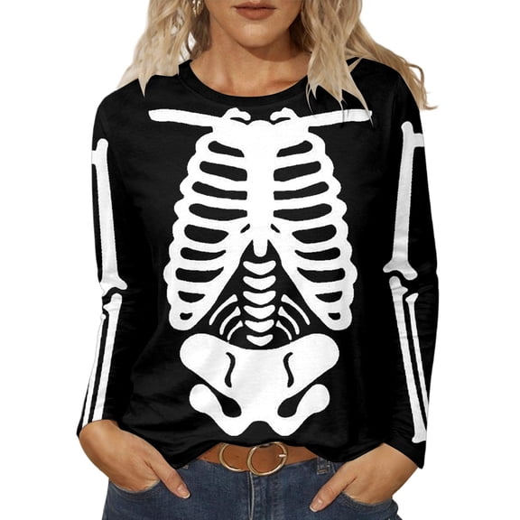 Womens Haloween T Shirts Skeleton Graphic Long Sleeve Crewneck Casual Nightwear Loose Fit Tees Fall Tops