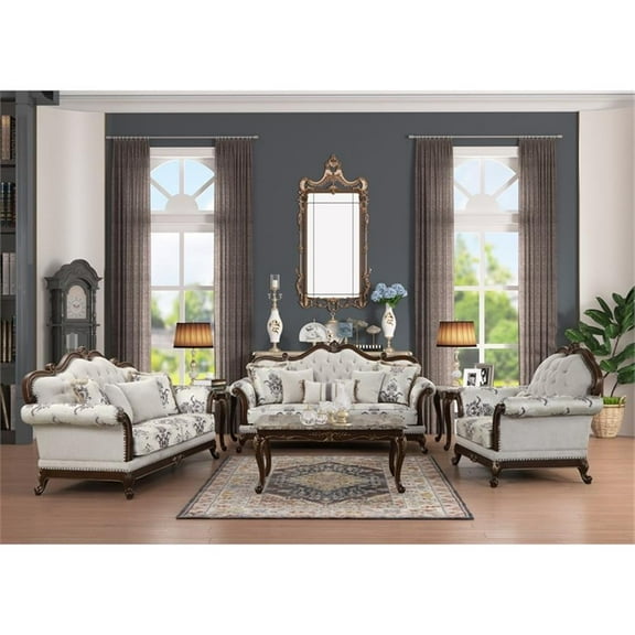 Pemberly Row Traditional 3PC button tufted Living Room Set in White