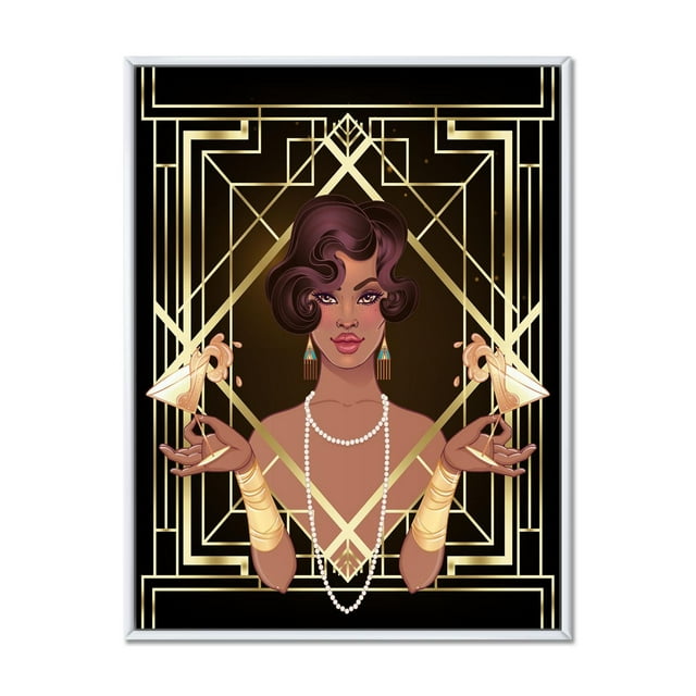Designart Retro Women In Golden Art Deco Geometrics I FLOAT FRAME WALL ART