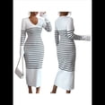 thumbnail image 3 of Vestido de Suéter A Rayas con Cuello en V para Mujer, Larga, Ajustado, Midi. L, 3 of 7