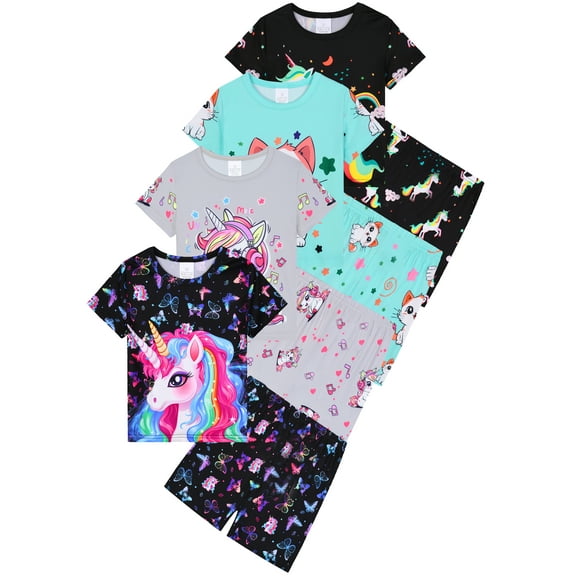 WIBACKER 3-12Y Girls Pajamas Set Kids Unicorn Sleepwear 2 PCS Short Sleeve Top and Shorts Pants for Toddler Girls Summer Jammies