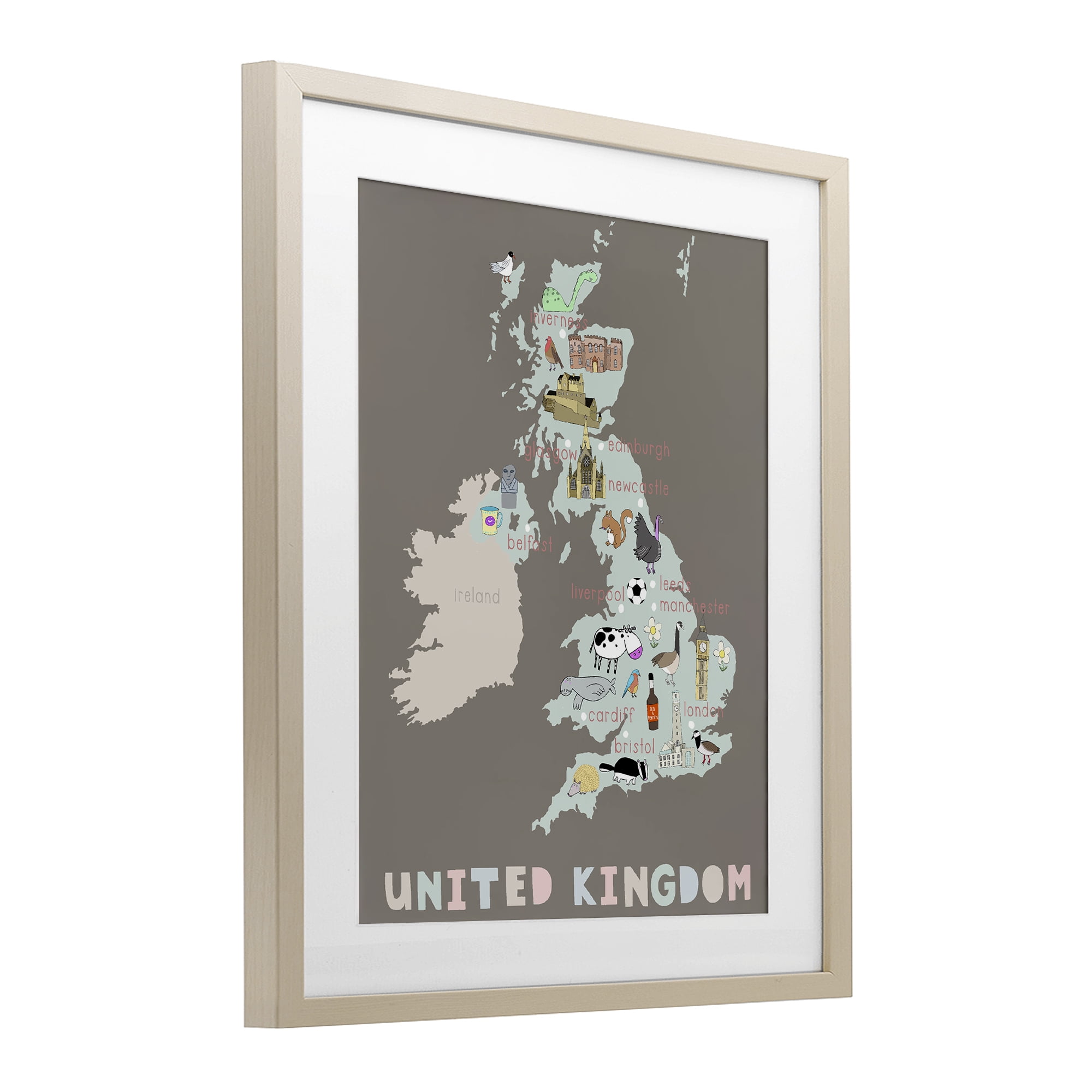 Kid's Map of United Kingdom Birch Framed Print Under Glass, design by Carla Daly