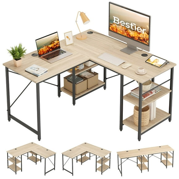 Bestier 86.6 inch Reversible L Shaped Desk with Shelves L Gaming Desk for Home Office