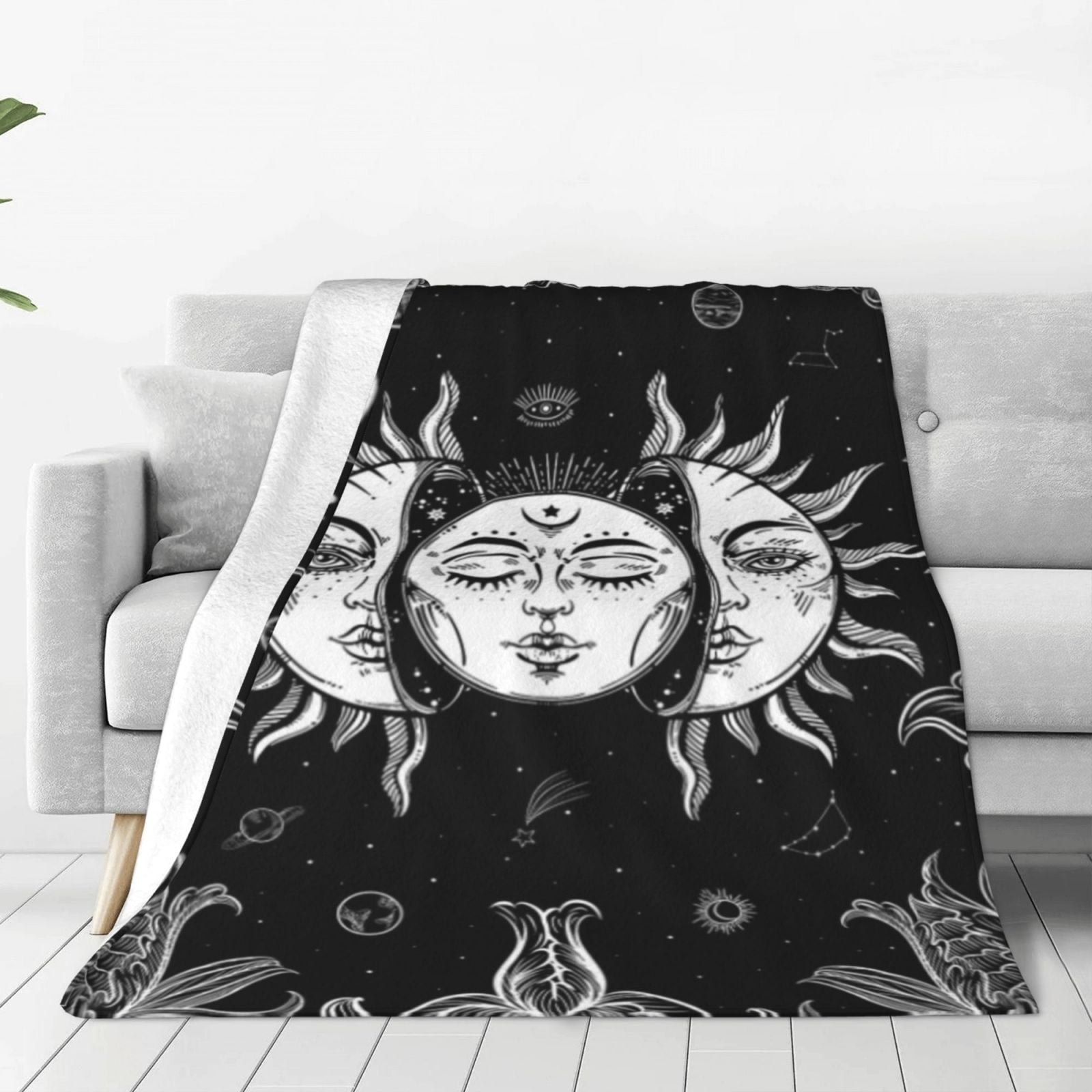 Sun and Moon Blanket Black and White Burning Sun with Stars Print Throw