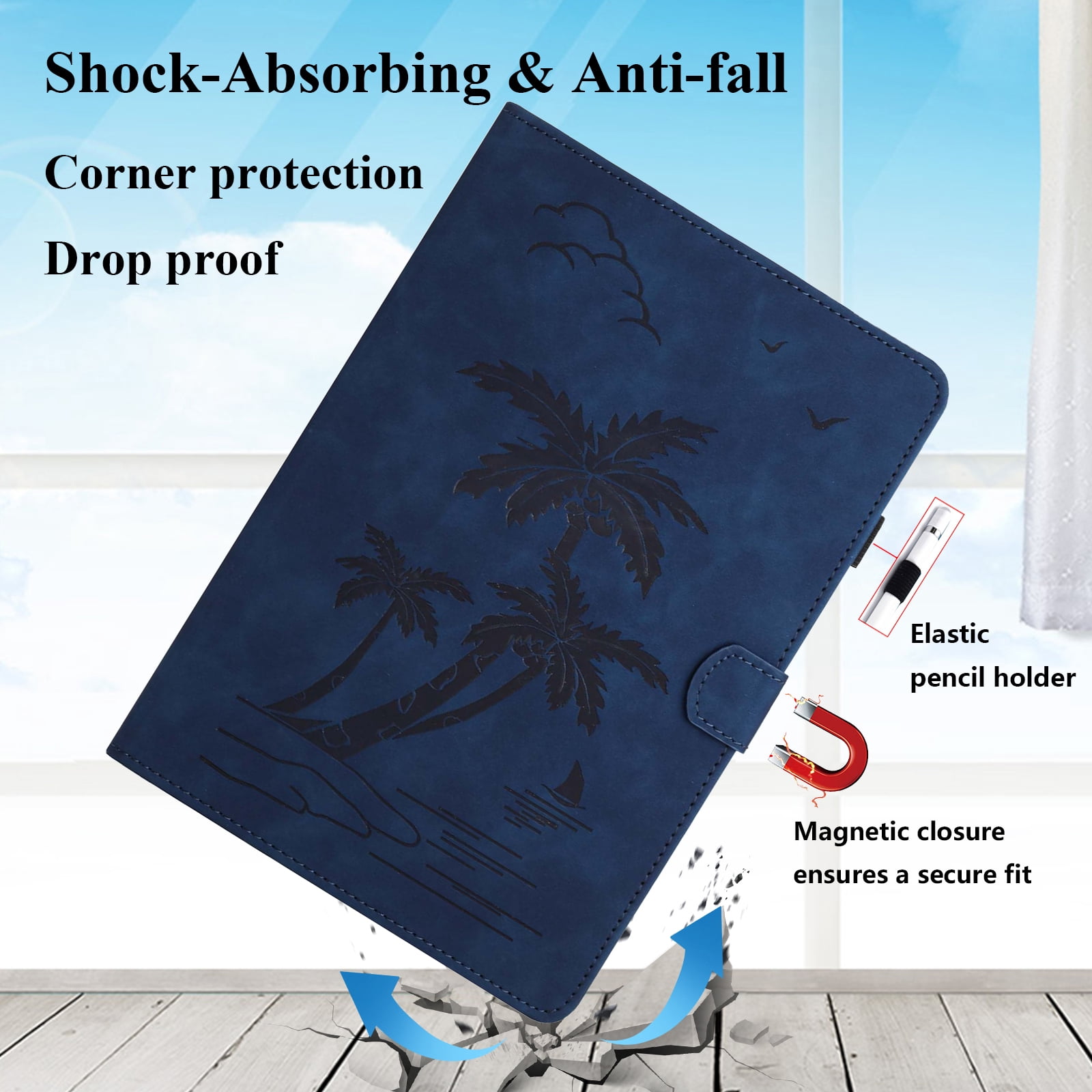 Allytechgroup for iPad (A16) 11th Generation 11 inch Case 2025 with Stand/Pencil Holder/Card Pockets/Magnetic Closure Smart Embossed Palm Tree PU Leather Folio Wallet Cover, [Auto Wake/Sleep], Blue