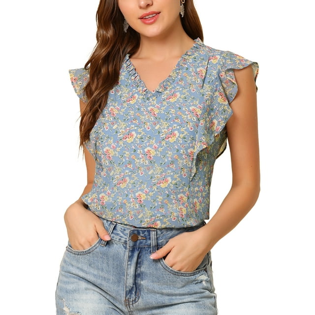 INSPIRAR CHIC Blusas de Verano con Volantes Florales para Mujeres, Cuello en V, Manga Corta, M Azul-B