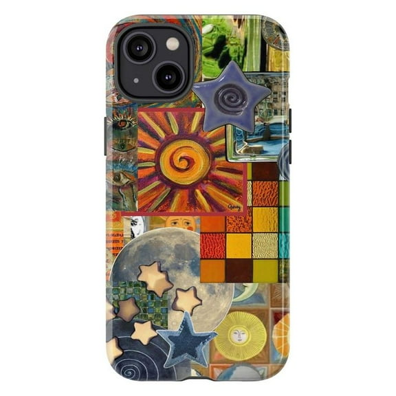 Boho Sun & Moon Patchwork Phone Case, Artsy Celestial Star Grid Collage Aesthetic Protective Cover for iPhone 16 15 14 13 12 11 Pro Max Plus Mini