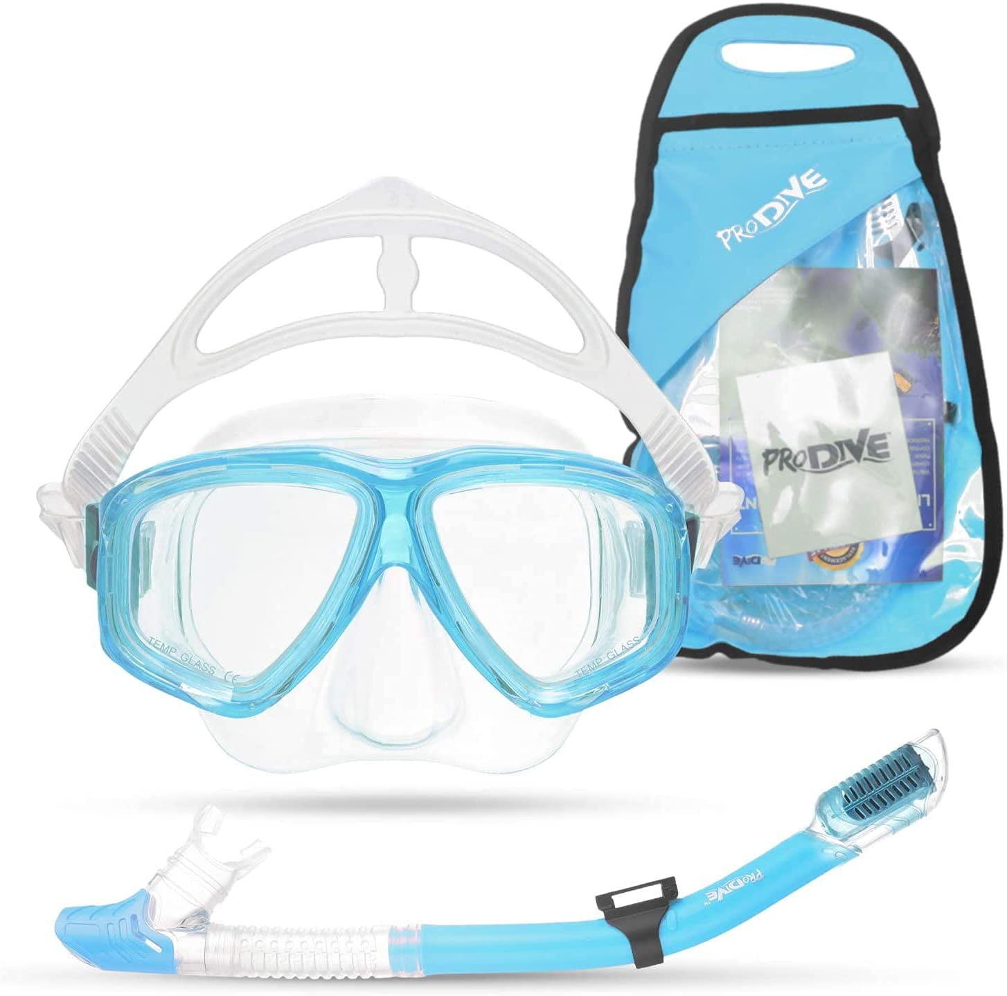 Prodive Premium Dry Top Snorkel Set - Impact Resistant Tempered Glass Diving Mask - Watertight and Anti-Fog Lens for Best - Easy Adjustable Strap - Waterproof Gear Bag Included (Aqua, Kids) -